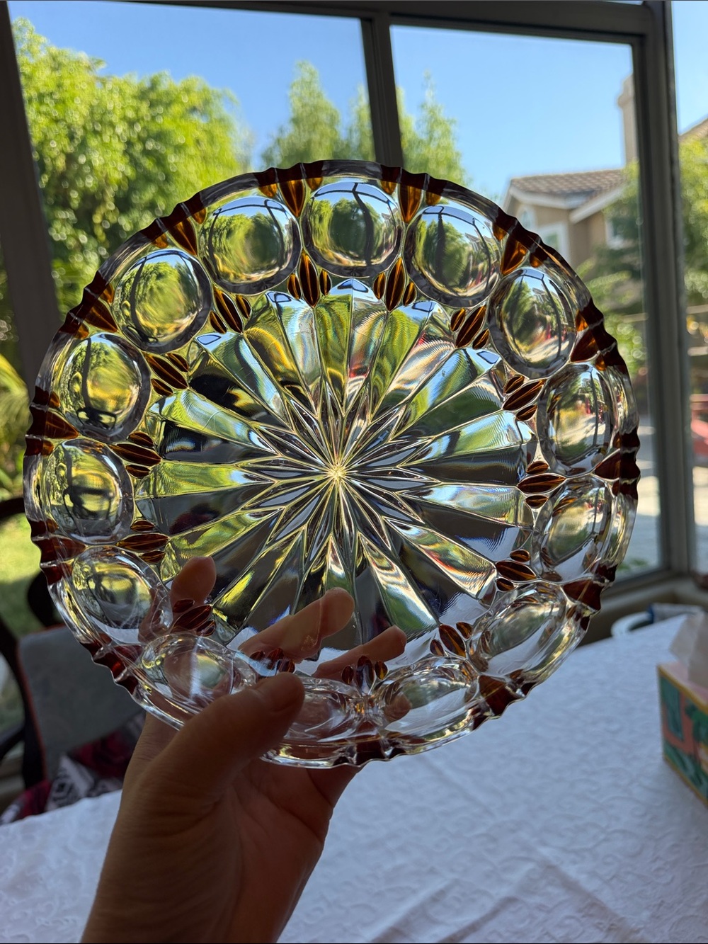 8.25” Vintage German Crystal Decorative Bowl with Amber Accents - Picture 8 of 11